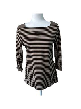 Coldwater Creek Brown Striped Nautical Boat Neck Top Size Small